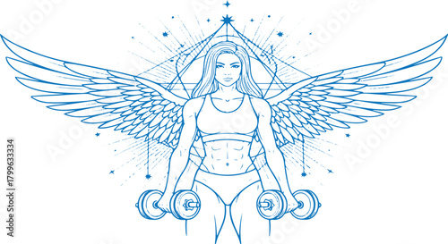 Strong woman with wings holding dumbbells in a stylized fitness and health design on transparent background