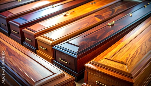 A close-up view reveals a collection of polished wooden caskets arranged in neat rows. Various wood grains and finishes are evident