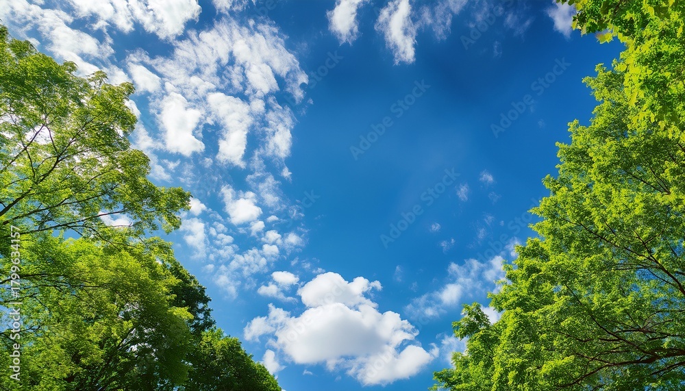 Obraz premium Bright Blue Sky With Scattered White Clouds Surrounded By Vibrant Green Tree Leaves On A Sunny Day
