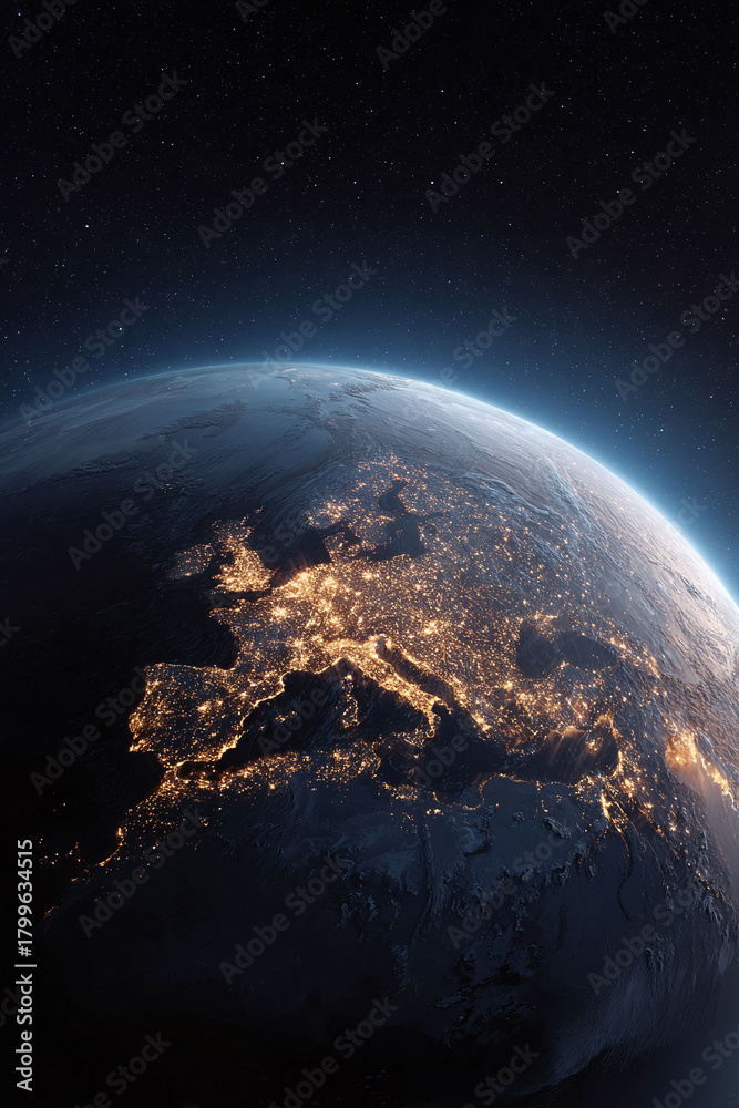 Fototapeta premium Spectacular view of planet Earth at night, focused on Europe. City lights shine brightly, conveying connectivity, technology, and globalization concepts. Ideal for illustrating global themes.
