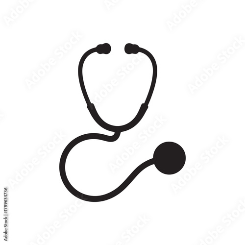 Black Color Stethoscope around neck Silhouette Vector Illustration, Solid White Background..