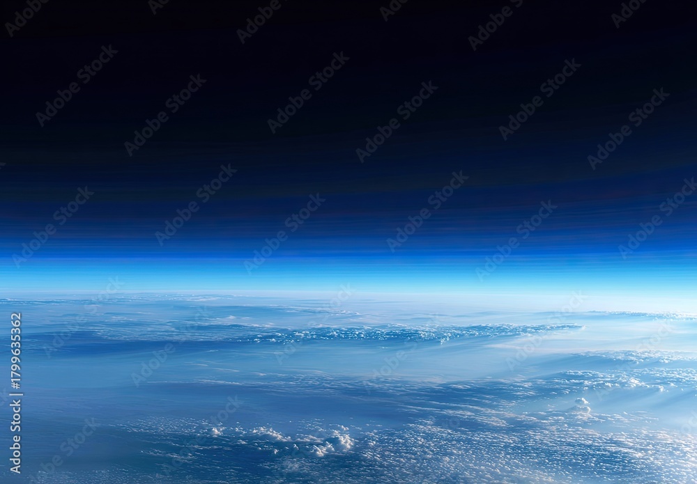 Fototapeta premium Vast aerial view of Earth's curved horizon, layered sky, and distant cloud formations