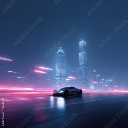 Sleek sports car speeds through a vibrant, futuristic cityscape at night. Captures themes of innovation, progress, and highspeed technology. Ideal for automotive, tech, or travel.