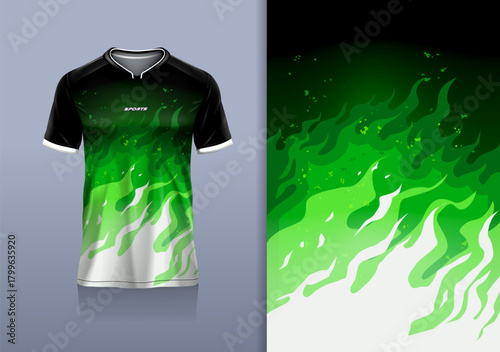 Sport jersey design template mockup flame fire line for football soccer, running, esports, green color