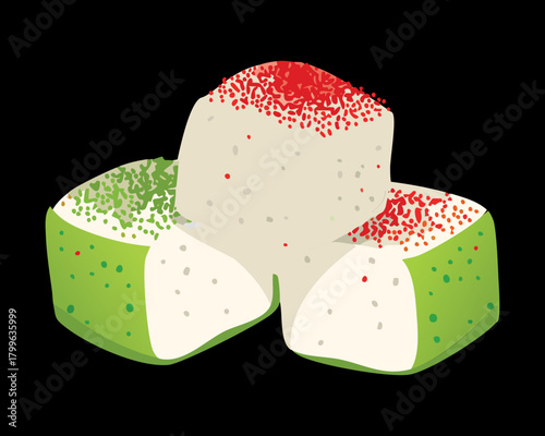 Delightful chunks of white marshmallows dusted with contrasting green and red sprinkles, stacked for a visually appealing and festive confectionery - Vector Illustration