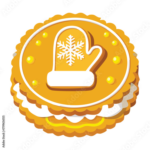 Round Gingerbread Cookie Featuring an Intricate Mitten Design and Yellow Icing Dots Perfect for Christmas Decor - Vector Illustration