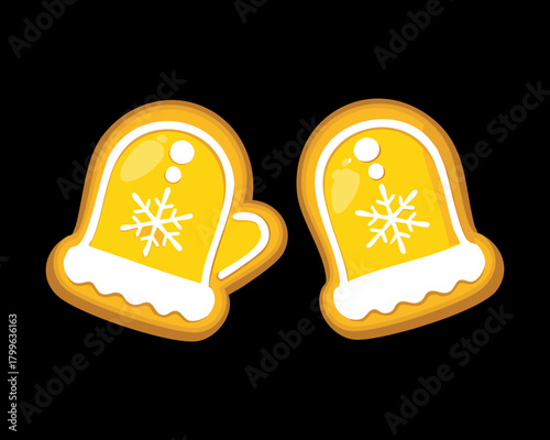 Two Golden Gingerbread Mitten Cookies Perfect for a Cozy Winter Snack or Christmas Holiday Treat Decoration - Vector Illustration