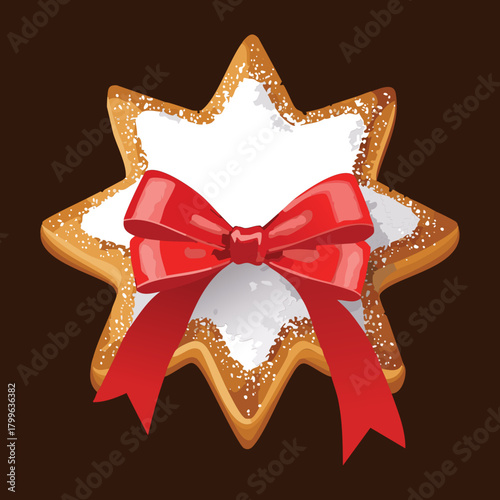 Large Gingerbread Star Cookie with a White Icing Border and a Luxurious Red Satin Bow, Ideal for Holiday Decor - Vector Illustration