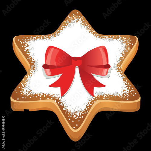 Festive Star Gingerbread Cookie Dusted with Powdered Sugar and Adorned with a Traditional Red Ribbon Bow - Vector Illustration