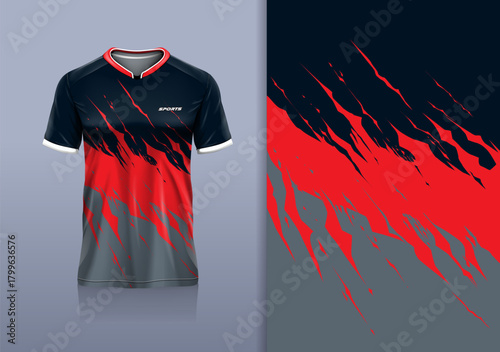 T-shirt mockup abstract texture grunge sport jersey design for football, soccer, racing, esports, running, black red gray color