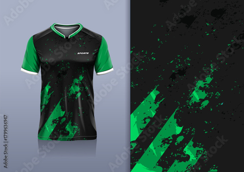 T-shirt mockup abstract texture grunge sport jersey design for football, soccer, racing, esports, running, black green color