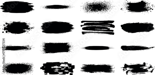 Collection of diverse black ink brush stroke textures and splatters on a white background