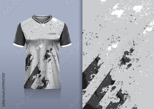 T-shirt mockup abstract texture grunge sport jersey design for football, soccer, racing, esports, running, gray black color