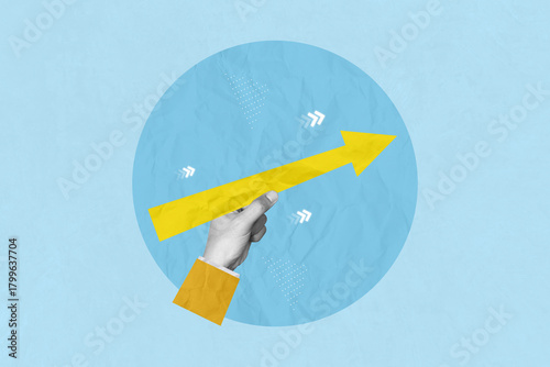 Creative art collage of man hold carry yellow arrow development path direction success statistics growth aim achievement