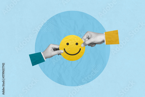 Creative art collage of service rating, positive feedback and satisfaction concept. Customers choose it smile face emoticon indicating satisfaction level of service users