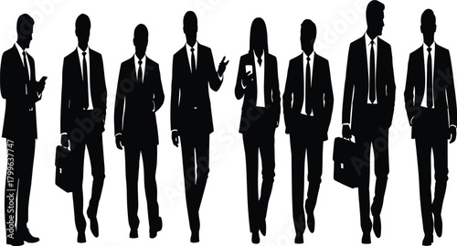 Set of Eight Diverse Business People Silhouettes in Suits Walking and Posing, Representing Corporate Success, Leadership, Executive Staff, and Professionalism Concepts.