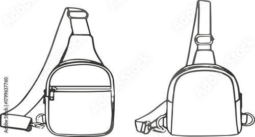 Black and white line art illustration of two crossbody sling bags, chest bag drawing, vector outline of a shoulder strap small backpack, travel and casual accessory design.