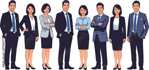 Professional business team illustration, corporate office workers standing together, formal attire, leadership, teamwork, confident colleagues, modern workplace concept artwork.