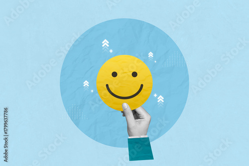 Creative art collage of service rating, positive feedback and satisfaction concept. Hand holding smile face emoticon indicating satisfaction level of service users