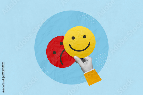 Creative art collage of service rating, positive feedback, satisfaction. Customer choosing it smile face emoticon indicates the highest level of satisfaction