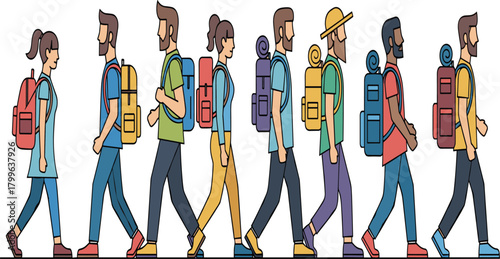 Diverse group of people walking with backpacks, outdoor adventure hiking illustration, multi-ethnic travellers and tourists line drawing, side view of friends exploring nature.