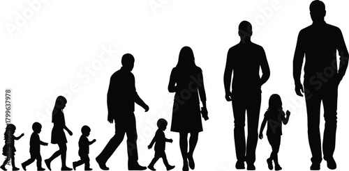 Diverse Silhouettes of Families and Individuals Walking Together, Representing Different Generations, Growth Stages, Parenting, and Human Life Cycle Concepts.