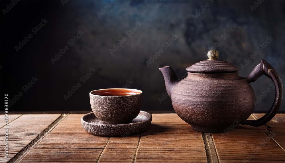 Fototapeta premium Rustic Ceramic Teapot And Tea Cup On A Textured Wooden Table
