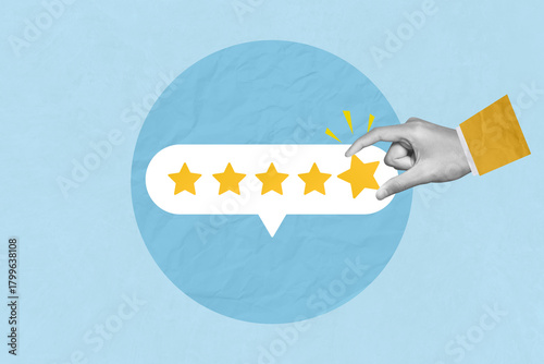 Customer review, service rating, satisfaction and positive feedback. Customer hold star to review give five star rating indicates the highest level of satisfaction