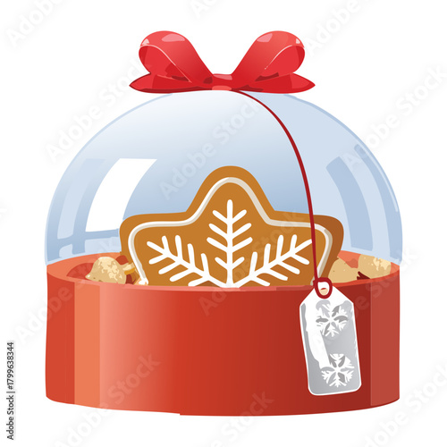 Clear dome display covering a red box filled with assorted nuts, featuring a snowflake gingerbread cookie on top and tied with a festive red ribbon - Vector Illustration