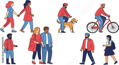 Outdoor people illustration set, diverse characters walking, cycling, dog walking, casual lifestyle scenes, modern flat style artwork for community activities.