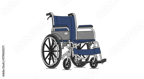 A meticulously rendered vector illustration of a modern blue wheelchair, symbolizing accessibility, mobility, and essential medical support for individuals requiring assistance.