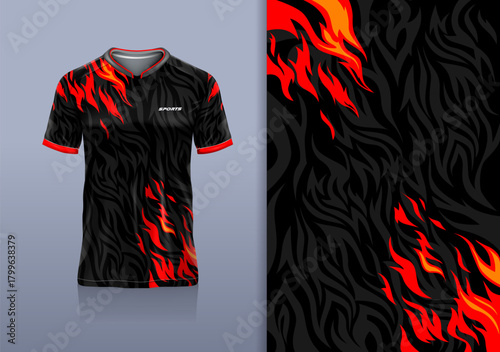 Sport jersey design template mockup flame fire line for football soccer, running, esports, red black color