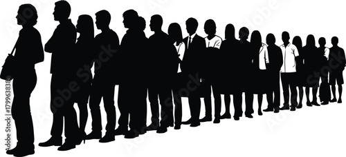 Long Line of Diverse People Standing in a Queue, Showing Crowded Public Place, Waiting, Patience, Customer Service, and Social Distancing Concepts.