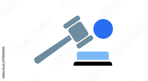 A modern vector illustration depicts a judge's gavel striking a sound block, representing legal authority, justice, and auction decisions with a flat graphic style.