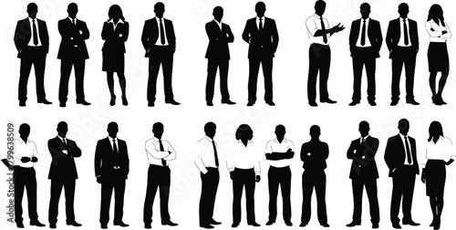 Full length silhouettes of professional business people standing in various poses, diverse collection of corporate men and women workers isolated on white background, group staff.