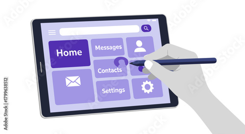 A hand precisely uses a stylus to interact with a modern tablet displaying a clean user interface featuring various application icons and a search bar.