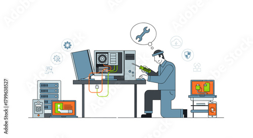 A focused IT technician expertly repairs a desktop computer, surrounded by electronic devices, symbolizing dedicated technical support and efficient system care.