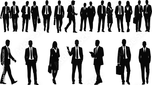 Silhouettes of professional business people walking, standing, and gesturing, diverse group of corporate men and women isolated on white, full length workers collection.