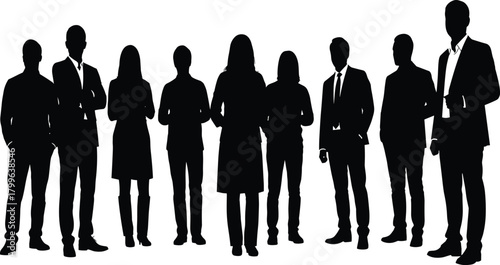 Silhouettes of a confident professional business team standing together, diverse group of corporate men and women staff isolated on a white background, full length portrait.