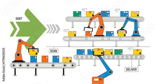 An advanced automated factory system showcases robotic arms efficiently sorting, scanning, and delivering various packages on a modern conveyor belt assembly line.