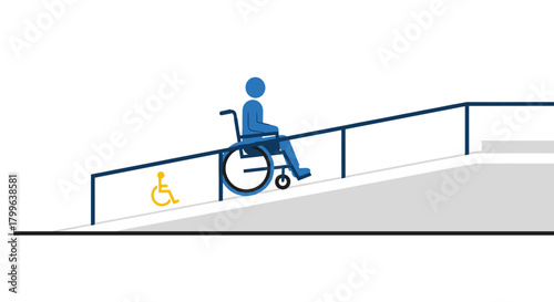A flat vector illustration depicts a person in a wheelchair ascending an accessible ramp, featuring handrails and a disability symbol, promoting universal design and equity.