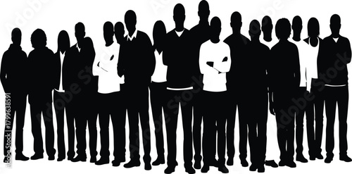 Large diverse group of standing people silhouettes, community crowd illustration, teamwork concept, business group unity, collective human figures, black and white graphic