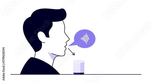 A modern flat vector illustration depicts a person speaking to a smart speaker, highlighting innovative voice control technology for seamless digital interaction.