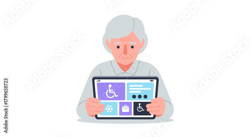 An elderly woman thoughtfully engages with a digital tablet, exploring diverse accessibility features and inclusive design for an enhanced user experience.