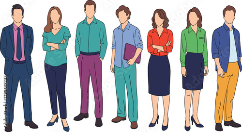 Group of diverse professional men and women vector illustration, standing workers in casual and business attire, multi-ethnic corporate team isolated on white background, 