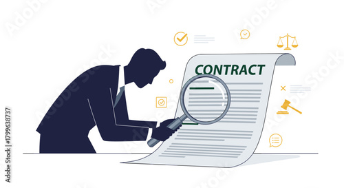 A professional person carefully examines a legal contract document with a magnifying glass, symbolizing thorough review and agreement.