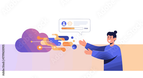 A man interacts with a modern cloud computing system, demonstrating seamless data transfer and digital communication with user profile information.