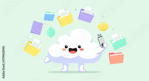 A cheerful cloud character efficiently manages digital files and data, symbolizing modern cloud storage solutions and secure information transfer.