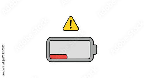 This flat vector illustration depicts a critical low battery status with an urgent warning sign, symbolizing power depletion and the need for immediate recharge.