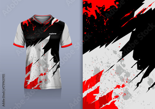 T-shirt mockup abstract texture grunge sport jersey design for football, soccer, racing, esports, running, black red white color